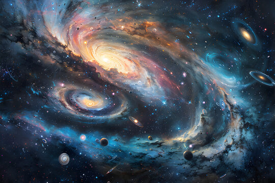 Cosmic galaxies swirl and collide, painting a celestial abstract scene.
- Powered by Adobe