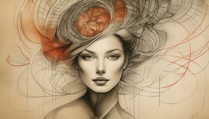 Fototapeta na wymiar retro abstract image of a young woman; pencil drawing on old paper vintage style design, color effect and pallette