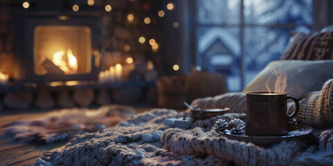 A cup of coffee sitting on a blanket in front of a cozy fireplace