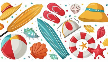 Obraz premium Set von Sommerzubehör-Elementen für den Urlaub, isoliert auf weißem Hintergrund, Strandartikel zum Schwimmen und Entspannen, Strandball, Muschel, Hut und andere.