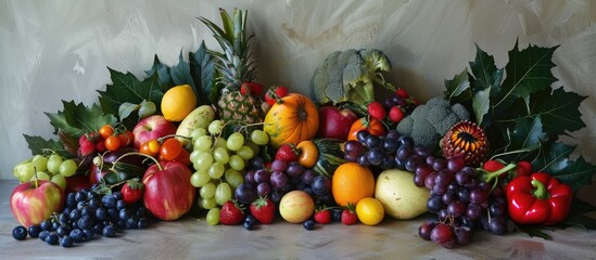 Arrangement with a variety of fresh fruits and vegetables.