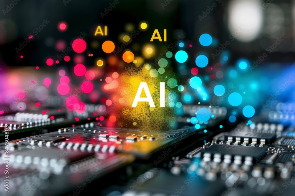 Poster vibrant ai circuit board with neon elements, symbolizing advanced technology, innovation, and dynami