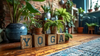 A wooden block with the letters YOGA written on it