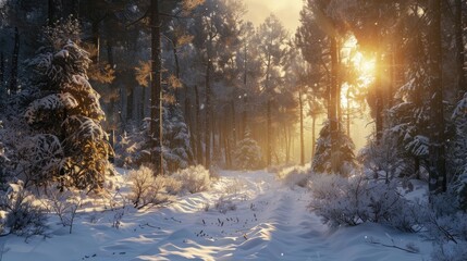 Naklejka premium The sunlight peeks through the trees offering a glimmer of hope for the coming spring amidst the wintry landscape of pine forests snow and sunshine in the village