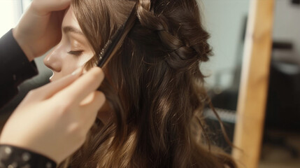 Obraz premium A woman sitting in a salon chair having her hair styled by a professional hairstylist