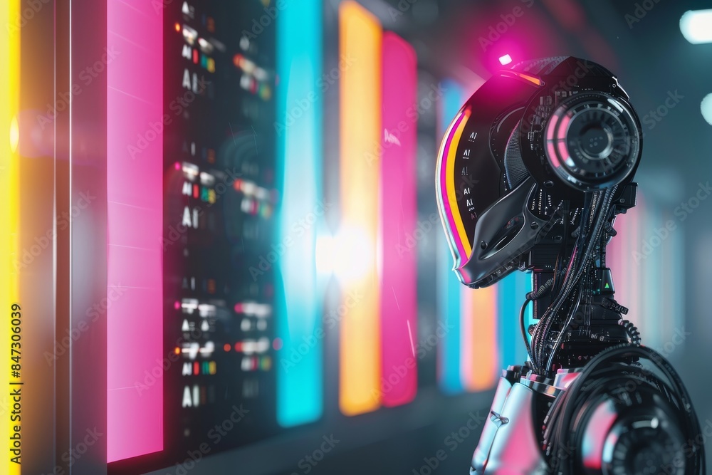 Poster robot with ai holographic display, symbolizing advanced technology, innovation, and dynamic digital 