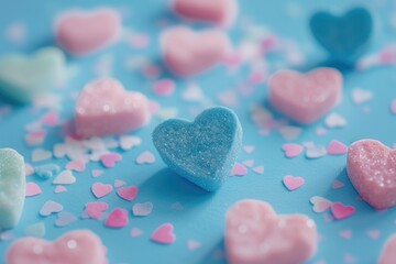 Fototapeta premium A collection of hearts arranged on a blue surface, perfect for use in designs and layouts where a touch of love and romance is needed