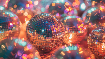 Colorful disco balls on a bright background, perfect for nightclubs and event promotions. Suitable for businesses related to entertainment, parties, and celebrations. Represents vibrant nightlife 