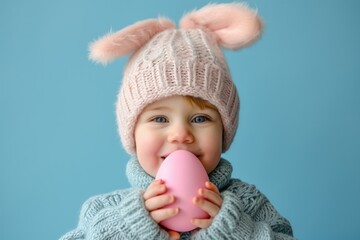 A young child holds a bright pink balloon, dressed in a warm knitted sweater