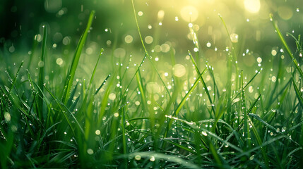 A macro closeup photo of green grass with natural sun light and dew 