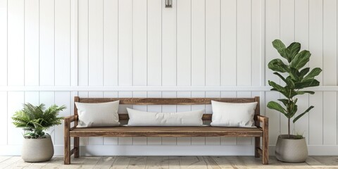 A wooden bench with a potted plant, suitable for home decor or outdoor spaces