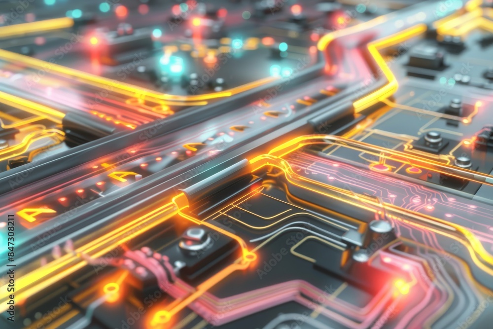 Poster vibrant ai circuit board with neon elements, symbolizing advanced technology, innovation, and dynami