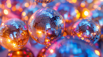 Colorful disco balls on a bright background, perfect for nightclubs and event promotions. Suitable for businesses related to entertainment, parties, and celebrations. Represents vibrant nightlife 
