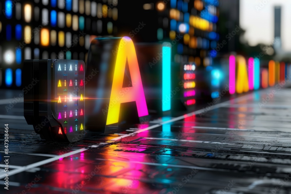 Poster ai digital display in a vibrant cityscape at night, symbolizing advanced technology, innovation, and