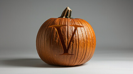 Pumpkin Carved with the Letter "V" on White Background