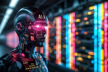 High tech AI data center with vibrant neon lights, symbolizing advanced technology, innovation, and dynamic data processing in a modern, vibrant setting