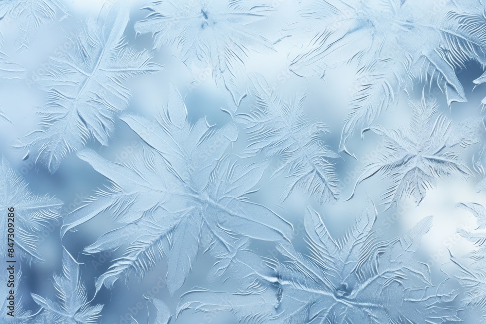 Poster close-up shot of intricate frost patterns on a window, often used as background or for weather-theme