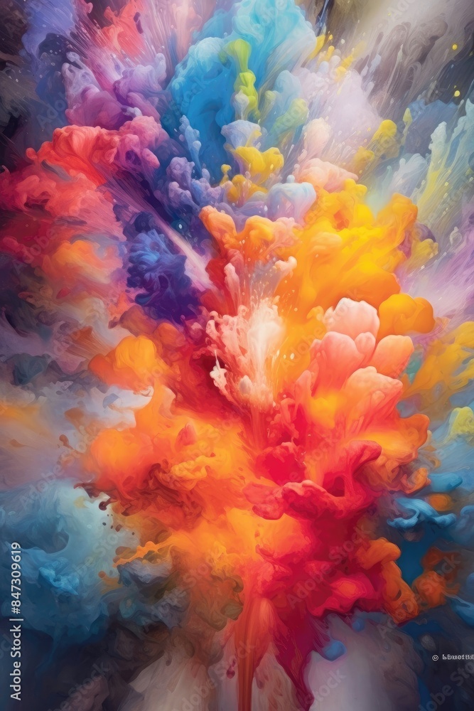 Aufkleber explosive color burst in orange, pink, and blue. vertical image of exploding motion of multicolored 