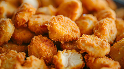 A pile of freshly cooked fast food chicken nuggets, with a golden-brown color and crispy edges