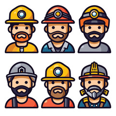 Six cartoon miners various helmets lamps, different beard styles. Diversity mining profession, safety gear facial hair, colorful avatars. Illustration male workers, protective headwear, detailed