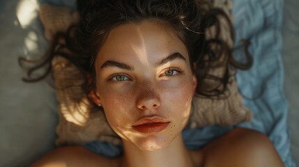 A person relaxing on a bed next to a pillow, possibly sleeping or daydreaming