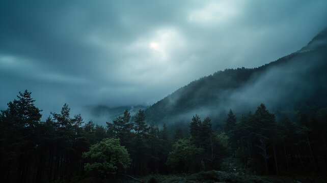 Fog and Cloud Over Green Coniferous Trees in a Dense Forest. Autumn concept background. Landscapes photography.