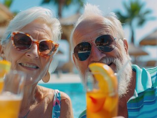 A man and a woman holding up drinks in a social setting, possibly celebrating or toasting