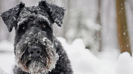 A black dog stands in the snow, alert and watchful