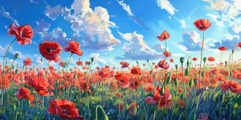 Obraz premium A scenic view of a field filled with bright red poppy flowers, against a green background