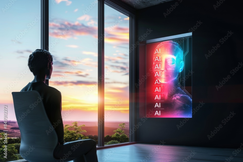 Poster man looking at ai holographic display in a modern office setting, symbolizing advanced technology, i
