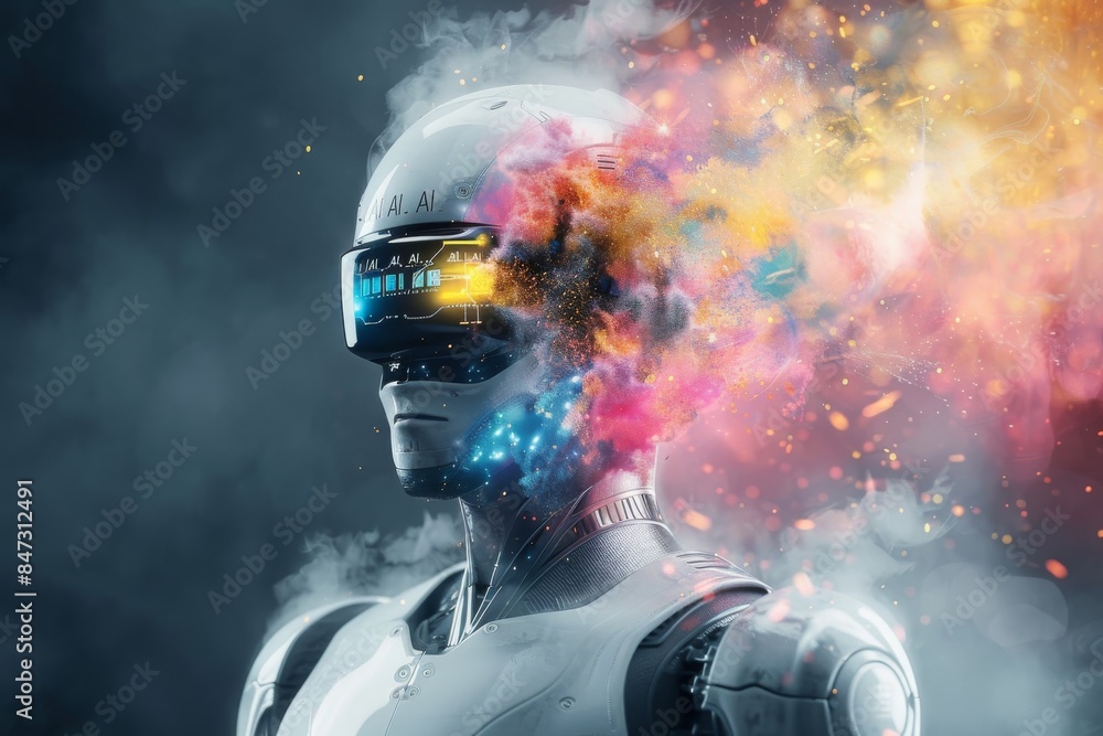 Poster futuristic ai robot with colorful smoke, symbolizing advanced technology, innovation, and dynamic in