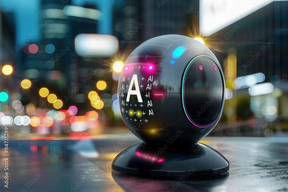 Poster futuristic ai device with glowing elements in a vibrant urban setting at night, symbolizing advanced