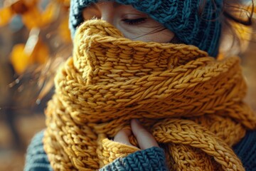 Obraz premium A woman wearing a knitted scarf and hat