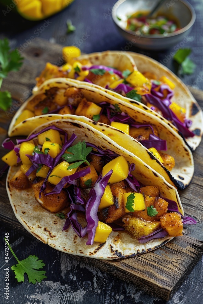 Wall mural Freshly prepared tacos resting on a rustic wooden surface, ideal for food photography and recipe inspiration