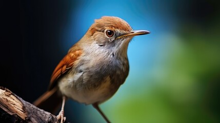 Fototapeta premium A small brown and white bird sits comfortably on a branch, looking out into the distance