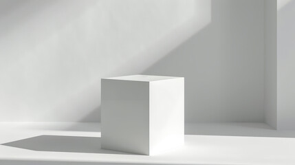 Empty white solid square podium with sunlight and shadow. Blank space, Backdrop, template, presentation.