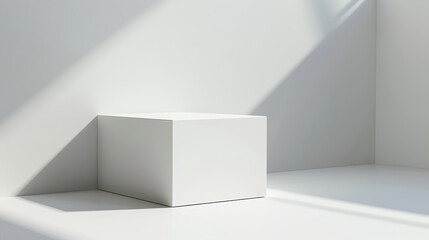 Empty white solid square podium with sunlight and shadow. Blank space, Backdrop, template, presentation.