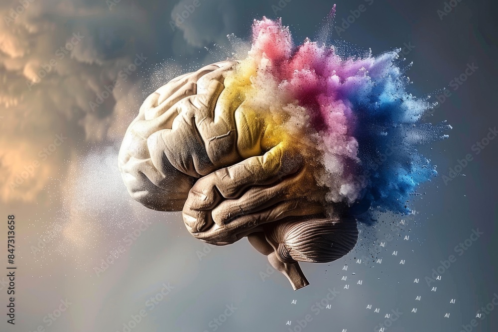 Poster artistic ai brain with colorful neural connections, symbolizing advanced technology, cognitive proce
