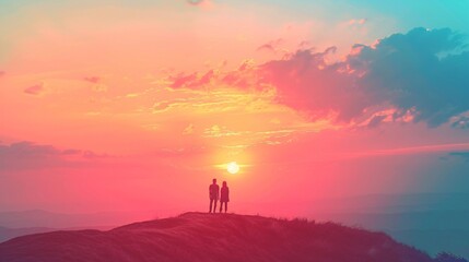 Fototapeta premium Silhouetted couple on a hilltop watching pastel sunset, serene summer evening