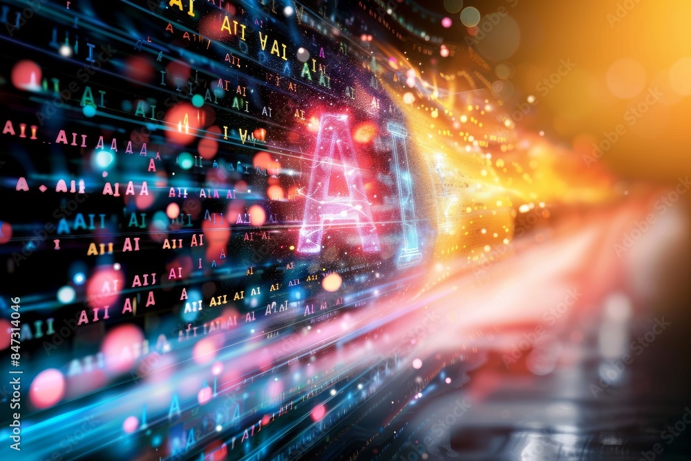 Poster ai powered digital display with vibrant neon lights, symbolizing advanced technology, innovation, an