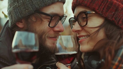 A pair of friends or romantic partners holding wine glasses, likely at a dinner party or social gathering