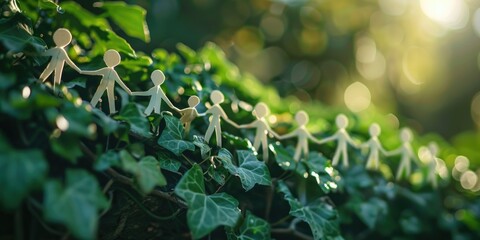 A group of people standing on the treetops of a lush green forest, surrounded by foliage and branches