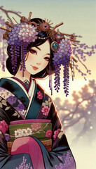 日本画（Japanese painting）／美人画　美女　着物　anime　イラスト　藤