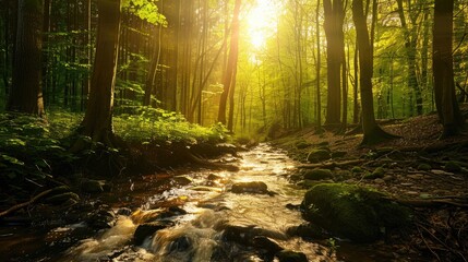 Obraz premium Spring Forest Scene with Sunlight and Flowing Stream Nature s Rejuvenation