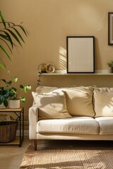 A cozy living room with a white couch, featuring some plants
