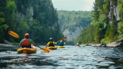 Group of people paddling down a river in kayaks, serene and peaceful scene