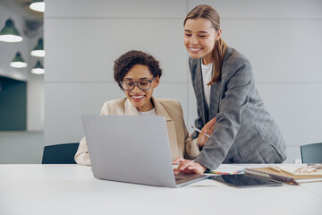 Successful female sales manager working together in a coworking office and use laptop