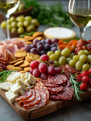 An exquisite board of starters with cold meats, cheeses, fruit and crackers Accompanied by a glass of wine. AI generative.