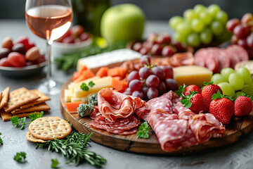 An exquisite board of starters with cold meats, cheeses, fruit and crackers Accompanied by a glass of wine. AI generative.