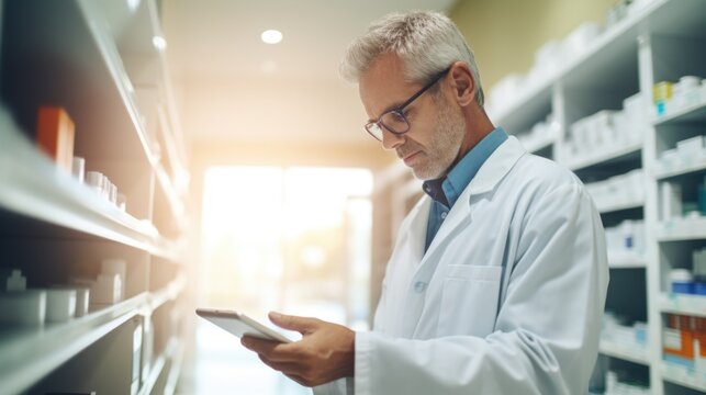 A person in a lab coat studying a tablet, possibly reviewing data or research